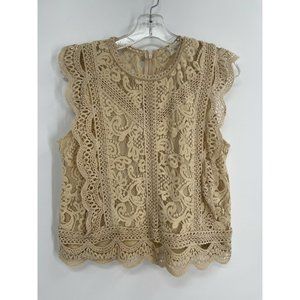 Altar'd State Solid Beige Lace Sleeveless Blouse Floral Crochet Size Large